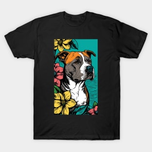 American Staffordshire Terrier PitBull Dog Vibrant Tropical Flower Tall Retro Vintage Digital Pop Art Portrait 4 T-Shirt